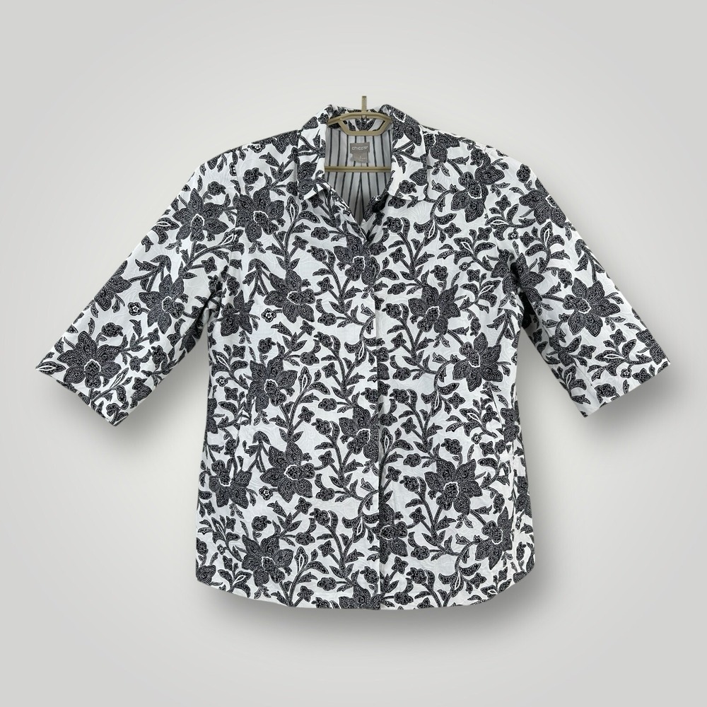 Chico's Swing Jacket Size 3 (16/18) Black White Embossed Floral 3/4 Sleeve Lined